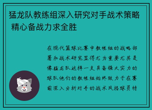 猛龙队教练组深入研究对手战术策略 精心备战力求全胜