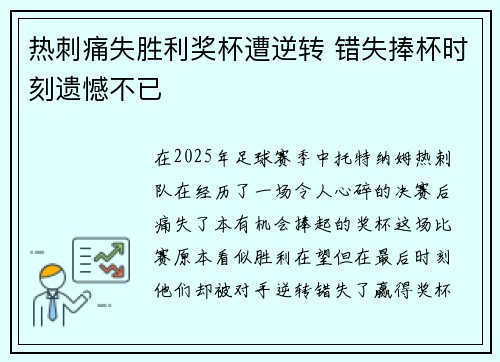 热刺痛失胜利奖杯遭逆转 错失捧杯时刻遗憾不已