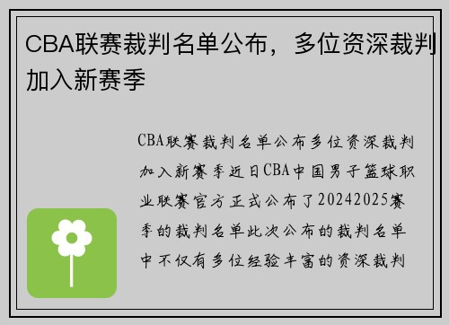 CBA联赛裁判名单公布，多位资深裁判加入新赛季