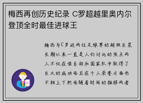 梅西再创历史纪录 C罗超越里奥内尔登顶全时最佳进球王