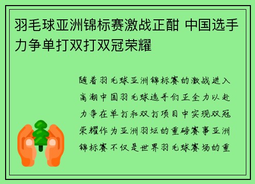 羽毛球亚洲锦标赛激战正酣 中国选手力争单打双打双冠荣耀